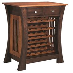 a wooden cabinet with wine racks and drawers