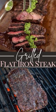 grilled flat iron steak on the grill with garnish