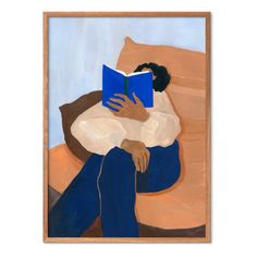 a painting of a person sitting on a couch with a book in their lap, reading