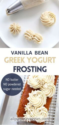 vanilla bean greek yogurt frosting recipe on a white plate with the title above it