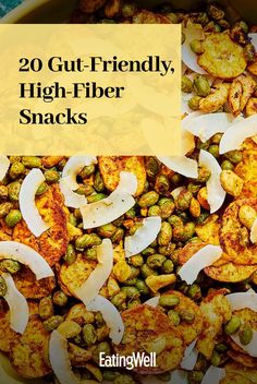 the words 20 gut friendly, high - fiber snacks in front of a bowl full of food