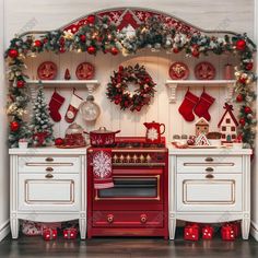 a kitchen decorated for christmas with red and white decor