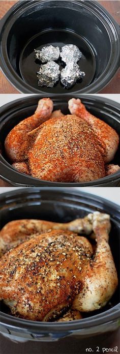 two pictures showing how to cook a whole chicken in the slow cooker