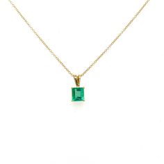 "This solitaire pendant showcases a beautiful square emerald cut Colombian Emerald held by 4 prongs in 18K yellow gold. The pendant length is 13.5mm, and in total the pendant weighs 1.5 grams.  Comes with a 14k gold cable chain of 1mm and 18 inches.  Item Details: - Type: Pendant  - Metal: 18K Yellow Gold  - Weight: 1.5 grams  - Style: Minimalist  - Era: 21st Century  - Setting: Prong  - Size: 13.5mm length  Emerald Details: - Carat: 1.20  - Cut: Emerald  - Color: Green  - Origin: Colombia  - Me Fine Jewelry Solitaire Necklace With Square Pendant, Princess Cut Yellow Gold Necklace In Fine Jewelry Style, Yellow Gold Jewelry With Princess Cut Birthstone, Yellow Gold Princess Cut Fine Jewelry Necklace, Yellow Gold Princess Cut Fine Necklace, Yellow Gold Princess Cut Birthstone Jewelry, Yellow Gold Princess Cut Necklace, Formal Yellow Gold Necklace With Princess Cut, Yellow Gold Necklace With Emerald Rectangular Pendant