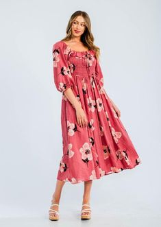 Easy floral midi dress featured in a flowy silhouette with a smocked bodice and volume sleeves. Cotton voile, textured fabrication  Relaxed fit  Side pockets -Contents 70%Cotton 30%Rayon Approximate measurements are as follows Small: Length:48 3/4 " Bust: 29"- 49"  Waist: 28- 48" Medium: Length:49 1/4" Bust:31"-51"    Waist 30- 50"  Large: Length:49 3/4" Bust:33"-53" Waist 32 -52" Flowy Floral Print Dress For Casual Occasions, Chic Ditsy Floral Print Maxi Dress, Square Neck Floral Dress For Day Out, Feminine Floral Print Midi Dress For Casual Wear, Feminine Floral Print Midi Dress For Day Out, Chic Maxi Floral Dress With Ditsy Print, Feminine Floral Print Maxi Dress For Day Out, Chic Dresses With Gathered Neckline For Spring, Chic Flowy Maxi Dress With Ditsy Floral Print