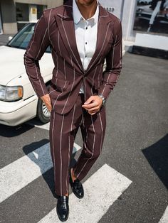 Men's Striped Casual Suit Jacket And Pants Set Coffee Brown Casual    Striped  Non-Stretch  Men Clothing, size features are:Bust: ,Length: ,Sleeve Length: Mens Business Dress, Business Casual Suit, Jacket And Pants Set, Casual Suit Jacket, Man Blazer, Mens Formal Wear, Traje Casual, Patchwork Jacket, Estilo Hip Hop