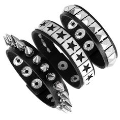 PRICES MAY VARY. Package Included : 1 * Punk Leather Spikes Bracelet + 1 * Classic Retro Leather Square Rivets Cuff Wristlet + 1 * Star Pattern Rivets Punk Wristband. Material : PU Leather + Premium Polished Alloy. Size : As the picture shown beside, these bracelets are designed with adjustable snap back button, just match them with your own size. Suitable Occasions : Guitar Shows, Night Club, Music Carnvial, Rock Concert, 80s theme Party, 90s theme Party, Rave Party, etc. Perfect Gift : These b Trendy Adjustable Spiked Bracelets, Edgy Band Bracelet For Concerts, Edgy Band Bracelet For Concert, Silver Punk Bracelets With Spikes, Trendy Metal Wristband For Concerts, Rock Style Metal Jewelry For Alternative Fashion, Rock Style Spiked Jewelry For Parties, Trendy Festival Bracelets With Rivets, Rock Style Party Jewelry With Spikes