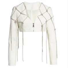 Never Worn. This Azalea Wang Aura White Rhinestone Cropped Jacket Is Draped With A Knotted Fringe Overlay In Sparkling Rhinestones. Perfect For Festivals, Rodeos And Special Occasions Embellished White Blazer, White Embellished Long-sleeved Blazer, White Embellished Winter Outerwear, Fitted White Embellished Outerwear, Spring White Embellished Outerwear, Aura White, Rhinestone Jacket, Knotted Fringe, Collection Ideas