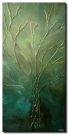 an abstract painting with green tones and white lines on the tree branches in front of a dark blue background