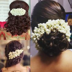 three pictures of different styles of hair with flowers in the back and on to the side