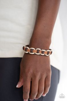 Strands of white and brown cording ornately weave around brown leather cords, creating an earthy braid. Features an adjustable sliding knot closure. Jewelry Goals, Bling Accessories, Adjustable Sliding Knot, Sliding Knot Closure, Brown Bracelet, Sliding Knot, Paparazzi Accessories, Chic Accessories, Boho Bracelets