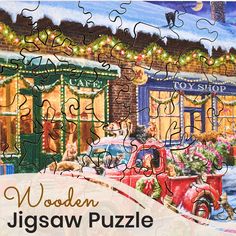 the jigsaw puzzle is on display in front of a building with christmas lights