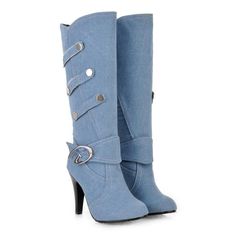 Denim High Heel Tall Boots for Women 4536 Dark Blue Heels, Heels Winter, Hak Tinggi, Womens High Boots, Knee Length Boots, Boots Platform, Fur Shoes, Crystal Fashion, Denim Boots