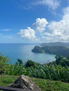 a bench sitting on top of a lush green hillside next to the ocean and mountains