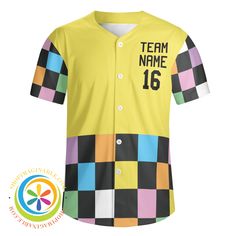 Get ready to knock it out of the park in our Funky Checkered Unisex Baseball Jersey! Bold, bright, and oh so funky, this jersey will elevate your team's style and guarantee a win. A must-have for any team looking to stand out and have fun on the field. We create funky & fun! Personalized with your Team's name, player's number and name! 100% Polyester material for men's baseball shirts Available sizes: S-4XL suitable for unisex wear Lightweight and soft fabric with short sleeves 5 Buttons closure College Jersey For Team Spirit, Varsity Jersey With Moisture-wicking Material, Varsity Jersey With Sublimation Print For College, Collegiate Team-colored Baseball Jersey For Team Events, Sporty Team-colored Baseball Jersey With Team Name, Collegiate Baseball Jersey In Team Colors, Team-colored Varsity Jersey For Sports Season, Baseball Jersey For Sports Season Team Events, Team-colored Baseball Jersey With Team Logo For Sports Season