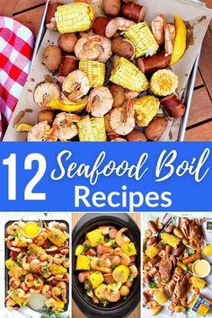 seafood boil recipe collage with text overlay that reads, 12 seafood boil recipes