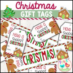 christmas gift tags with gingerbreads on them and candy canes in the background