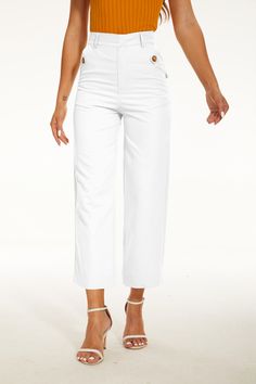 Stretch Twill Cropped Wide Leg Pant High Waist Non-stretch Solid Capris, White Straight Elastane Pants, Comfort Stretch Solid Bottoms For Business Casual, Elegant Mid-rise Cotton Bottoms, Business Casual Stretch Straight Leg Capris, Stretch Straight Leg Pants In Solid Color, White High-waisted Elastane Bottoms, White 4-way Stretch Straight Leg Bottoms, White High-waisted Elastane Pants