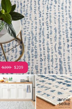 a blue and white rug with the words annie selke on it in three different pictures