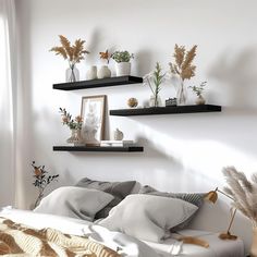 a bedroom with white walls and shelves filled with plants