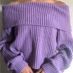 New Without Tags Forever 21 Purple Off The Shoulder Sweater Size Small Never Been Worn (Model Photo Is Not Mine) Purple Preppy Outfits, Purple Aesthetic Outfits, Light Purple Outfit, Shoulderless Sweater, Lavender Clothes, Purple Sweater Outfit, Oc Accessories, Off The Shoulder Knit Sweater, Clothes 2024