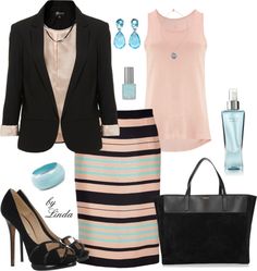 "Dress for Success" by lindakol on Polyvore Black Pulls, Computer Applications, Traditional Jacket, Patterned Skirt, Purse Pink, Work Chic, Business Dress, Striped Skirt