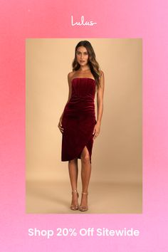 Grab a glass of bubbly and get ready to celebrate all night in the Lulus Glamorous Celebrations Wine Red Velvet Strapless Tulip Dress! Slightly stretchy velvet shapes this luxe dress that has a strapless neckline (with no-slip strips) and a boning-supported bodice. A high waist tops an overlapping tulip skirt that ends at a knee-grazing hem. Hidden back zipper/clasp. Fit: This garment fits true to size. Length: Knee Length. Size medium measures 36.5" from top to bottom. Bust: Great for any cup size. Waist: Fitted - very fitted at natural waist. Hip: Fitted - stretchy fabric allows room for hips. Undergarments: May be worn with a strapless bra, adhesive bra, petals, or no bra. Fabric: Fabric has some stretch. Dress Measures 8" Longer At Back. Lined to mid-thigh. Shell: 94% Polyester, 6% Spa Flirty Knee-length Strapless Cocktail Dress, Glamorous Velvet Mini Dress For Cocktail, Glamorous Velvet Cocktail Mini Dress, Holiday Velvet Mini Dress For Cocktail Events, Elegant Velvet Midi Dress For Night Out, Elegant Knee-length Bodycon Dress For Holiday Party, Glamorous Velvet Strapless Dress, Glamorous Strapless Velvet Dress, Glamorous Velvet Mini Dress For Formal Events