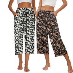 PRICES MAY VARY. Capri pajama pants for women are made of cotton polyester blend fabric, lightweight, breathable, stretchy, super soft against the skin and comfy enough for every day wearing Womans wide leg pants versatile enough to wear for pretty much any occasion, loungewear, casual wear, sleeping wear, pajama parties, yoga, vacation, or beaching wear; Also could be a great gift for mom, grandmother, wife or friends and families on Christmas Women's cotton lounge pants feature elastic waistba Comfortable Summer Pants For Pajama Party, Cotton Sleepwear Trousers For Spring, Spring Sleepwear With Elastic Waistband, Spring Cotton Sleepwear Pants, Spring Cotton Sleepwear Trousers, Cotton Trousers Sleepwear For Spring, Casual Bottoms With Elastic Waistband For Pajama Party, Casual Sleep Pants With Elastic Waistband, Casual Sleepwear Trousers With Elastic Waistband