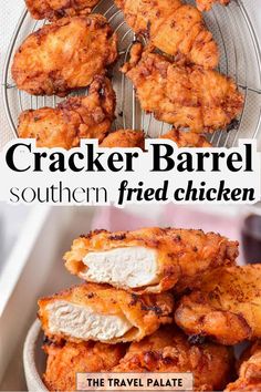 chicken wings are piled on top of each other with text overlay that reads cracker barrel southern fried chicken