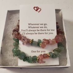 "Matching set of gemstone bracelets for couples, friends, or family Remind yourself of the special relationships you have with those that you adore with these couples/distance bracelets. Each set comes in a complimentary gift box with a note that reads: \"Wherever we go, Whatever we do, You'll always be there for me I'll always be there for you. One for you One for me\" Perfect for gift giving ; Christmas, Valentine's day, Birthday, long distance relationships or just friendships Green Aventurine and Strawberry Quartz  Bracelets are made with 5 - 8mm AAA grade quality stone chip beads and include a magnetic clasp to attach to one another.  (your choice of silver or gold) Available in several sizes.  Measure your wrist by wrapping a fabric tape measure around.  The number of inches is the s Spiritual Aventurine Bracelets As Gift, Aventurine Beaded Bracelet As Gift, Spiritual Friendship Bracelets With Gemstone Beads Gift, Handmade Aventurine Crystal Bracelet Gift, Aventurine Gemstone Crystal Bracelet Gift, Gift Aventurine Gemstone Beads Bracelet, Friendship Gemstone Beaded Bracelets, Aventurine Gemstone Beads Bracelet - Gift, Friendship Beaded Bracelets With Gemstone Beads