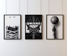 three black and white photos hanging on the wall next to each other, one with a basketball