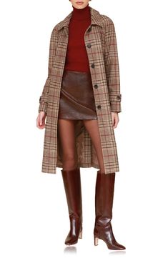 A sweeping length and trench-style belt create a striking silhouette in a plaid coat lightly kissed with wool and refreshed with a buttoned back placket. 45 1/2" length (size Medium) Hidden-button placket Spread collar Adjustable button belted cuffs Front welt pockets Removable belt Lined 87% polyester, 13% wool Dry clean Imported Long Plaid Wool Coat, Classic Fall Style, Plaid Winter Coat, Rich Auntie, Plaid Wool Coat, Long Peacoat, European City, Longline Coat, Plaid Outfits