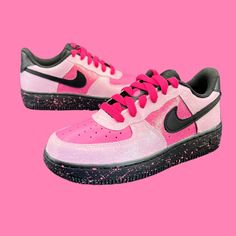 Custom hand painted shoes. Pink air force 1. Hot pink and light pink colorway, splatter paint through the midsole. Choice of colors available upon request. Cost of shoes included in the price. Pink Air Force 1, Air Force 1 Shoes, Splatter Paint, Hand Painted Shoes, Shoes Pink, Custom Hand Painted, Painted Shoes, Air Force 1, Air Force