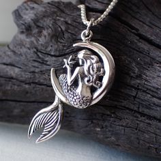 sterling silver mermaid on moon necklace charm Sea Creature Jewelry, Sterling Silver Dragonfly Necklace, Mermaid Sitting, Sitting On The Moon, Insect Necklace, Silver Dragonfly Necklace, Moon Necklace Silver, Mystical Jewelry, Whimsical Jewelry