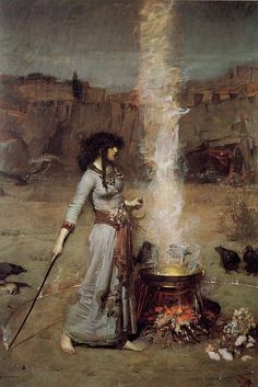 a painting of a woman standing next to a pot with fire coming out of it