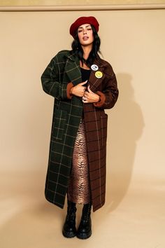 Libra Longline Half + Half Coat in Pine + Brown Soviet Fashion, Satin Playsuit, Maximalist Fashion, Punk Chic, Business Casual Winter, Fringe Coats, Plaid Wool Coat, Streetwear Winter, Combination Fashion