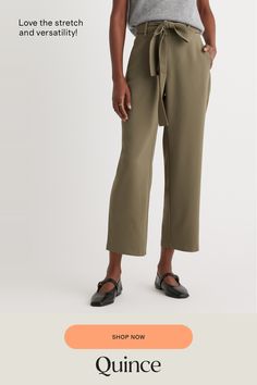 Update your wardrobe with an always-chic paperbag pant. With a little stretch, plenty of pockets, and a removable belt, this will become your go-to pant. Easily dress up or down!  | Quince | Women's Stretch Crepe Paperbag Pants in Olive, Size 6, Polyester Style Pant, Paperbag Pants, Update Your Wardrobe, Sell Gold, Stretch Crepe, Black Sand, Mulberry Silk, Back To Black, Black Charcoal