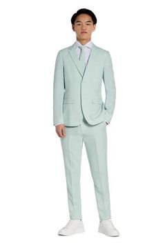 Crisp and smart, this pastel two-piece suit includes flat-front pants, a clip-on tie and traditional detailing to keep your child dapper at any occasion. All three pieces are machine-washable and look ready to wear right out of the dryer. Jacket has notched lapels; three-button cuffs; chest pocket; flap pockets; interior pocket; side vents Trousers have zip fly with hook-and-bar closure; slant pockets; back pockets Jacket is lined Unhemmed 100% polyester Machine wash, tumble dry Imported Spring Formal Fitted Three-piece Suit, Classic Three-piece Suit With Suit Collar For Spring, Spring Tuxedo Suit For Semi-formal Occasions, Semi-formal Tuxedo Suit For Spring, Semi-formal Spring Tuxedo Suit, Spring Business Three-piece Suit With Suit Collar, Tailored Spring Semi-formal Tuxedo, Classic Summer Sets With Notch Lapel, Three-piece Suit For Business Casual In Spring