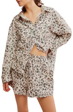 These floral-print knit pajamas featuring a high-low button-up top and drawstring shorts are cut from pure cotton to keep you cool all night long. Top: 25 1/2" front length; 30" back length (size Medium) Bottoms: 3" inseam; 27" leg opening; 13 1/2" front rise; 17 1/2" back rise (size Medium) Top has spread collar; long sleeves 100% cotton Machine wash, tumble dry Imported Knit Pajamas, Shorts Pajamas, Cotton Pajama Shorts, Pajama Shorts, Drawstring Shorts, Early Morning, Pajamas Women, Cotton Shorts, Pure Cotton