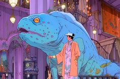 a man standing next to a giant blue dinosaur in front of a purple and pink building