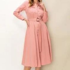 A Point Collar, Long Sleeves And A Buckled Sash Belt At Waist. Front Flap Pockets. 65% Rayon 30% Nylon 5% Spandex Casual A-line Belted Dress For Spring, Feminine Button-up Dress For Date Night, Elegant Pink Belted Midi Dress, Feminine Long Sleeve Midi Dress With Button Closure, Feminine Fall Midi Dress With Buttons, Feminine Fitted Belted Dress For Spring, Fitted Feminine Belted Dress For Spring, Feminine Dresses With Buttons For Date Night, Chic Button-up Belted Dress For Fall