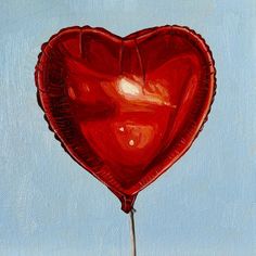 a painting of a red heart shaped balloon on a stick with a blue sky in the background