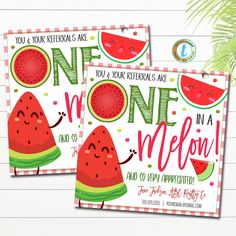 two watermelon birthday party cards with the words one in a melon on them