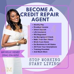 a woman standing in front of a sign that says, become a credit repair agent