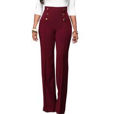 Burgundy Button Detail Casual Flare Pants Casual High Waist Dress Pants With Buttons, Fitted Solid Bottoms With Button Closure, High Waist Wide Leg Pants With Buttons For Office, Office Trousers With Button Cuffs, Office Straight Pants With Button Closure, Red Workwear Pants With Button Closure, Fitted Solid Bottoms With Buttons, Formal Trousers With Buttons, Fitted Buttoned Trousers