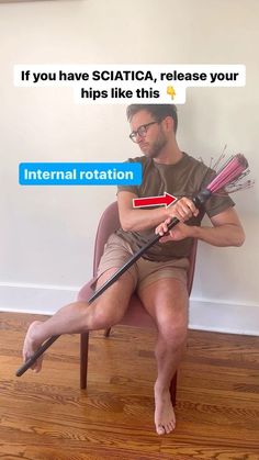 a man sitting in a chair with an arrow pointing to the side and texting that reads, if you have scitata, release your hips like this