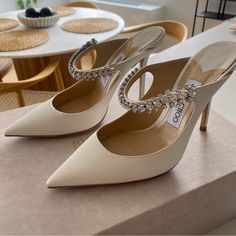 Wore These For Just The Ceremony Of My Wedding And Had Cleaned To Resell. Originally $1095. Size 38 (Us 38) Runs Small, Order A Half Size Up (Usually I Am A 7.5) Comes With The Original Box And Dust Bags Pointed Toe Slip On Crystal-Embellished Instep Strap 4" (100mm) Covered Stiletto Heel Satin Upper, Leather Lining And Sole High Heel Necklace, Wedding Shoes Bride Block Heel, Wedding Kitten Heels Bridal, Jimmy Choo Bing 100, Wedding Day Shoes, Jimmy Choo Bing, Elegant Wedding Shoes, Arab Wedding, Wedding Shoes Bride