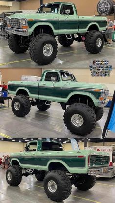 two pictures of the same green truck in different stages of being lifted by large tires