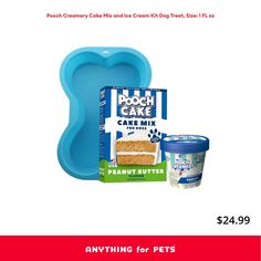 an advertisement for dog cake and ice cream in the shape of a heart with blue plastic containers