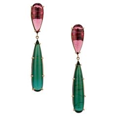 Untreated natural color pink and green tourmaline dangle earrings. 2 natural pink pear shaped tourmalines totaling 7.15cts each with a green blue pear shaped tourmaline dangle totaling 18.31cts. Designed and crafted in the Peter Suchy workshop. 2 pear shape pink tourmaline VS-SI approx. 7.15cts 2 pear shape bluish green elongated tourmaline, VS-SI approx. 18.31cts 14k yellow gold Stamped: 14k 9.7 grams Top to bottom: 54.4mmor 2.14 Inches Width: 8.3mm or 1/3 Inch Depth or thickness: 5.3mm Pear Earrings, Tourmaline Earrings, Jeweled Earrings, Green Tourmaline, Dream Jewelry, Indian Jewellery, Ear Jewelry, Color Rosa, Pink Tourmaline